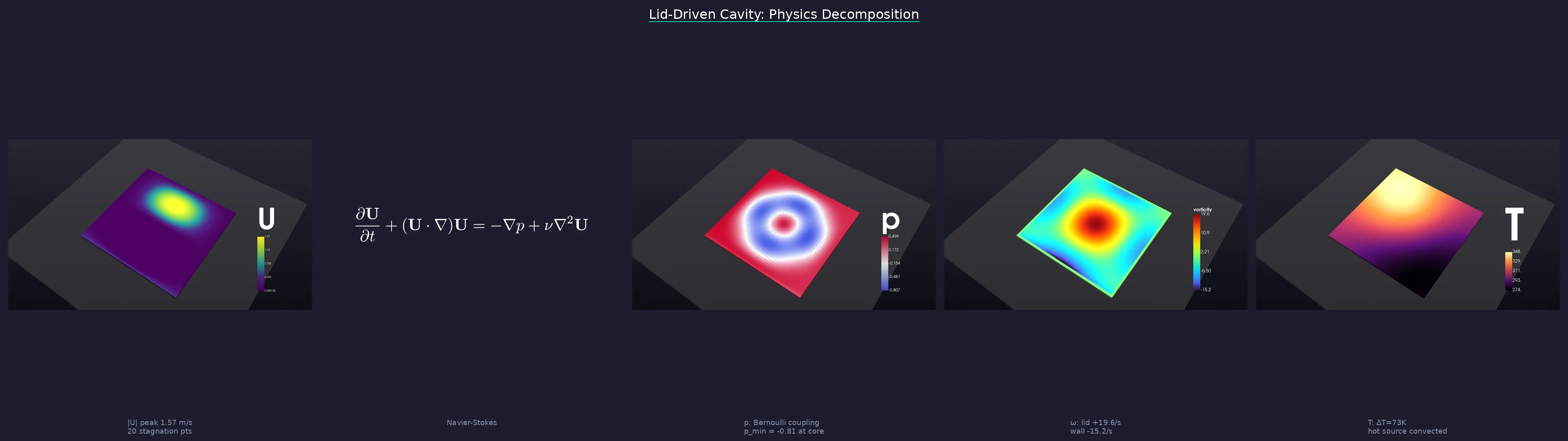 Lid-driven cavity flow: physics decomposition with LaTeX equations and multi-field cinematic renders